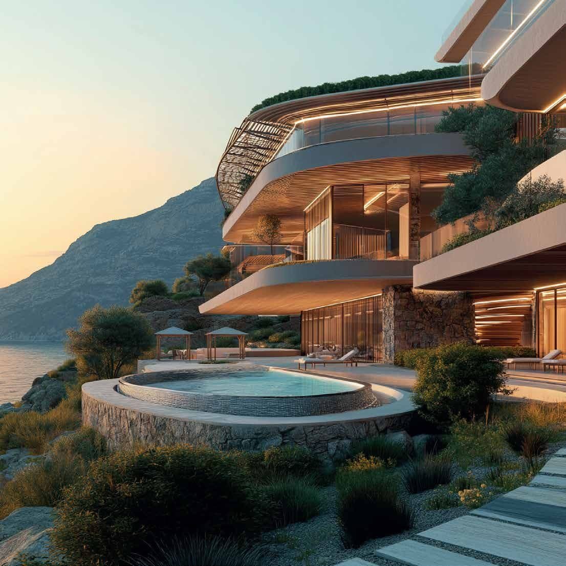 Longevity and wellness resort terraces above the sea at sunset