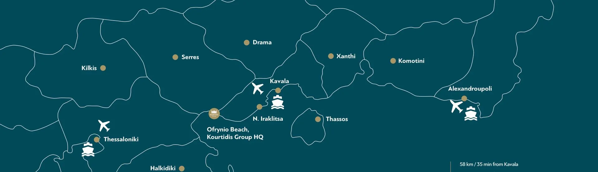 Map of Northern Greece showing Ofrynio Beach, airports and ports