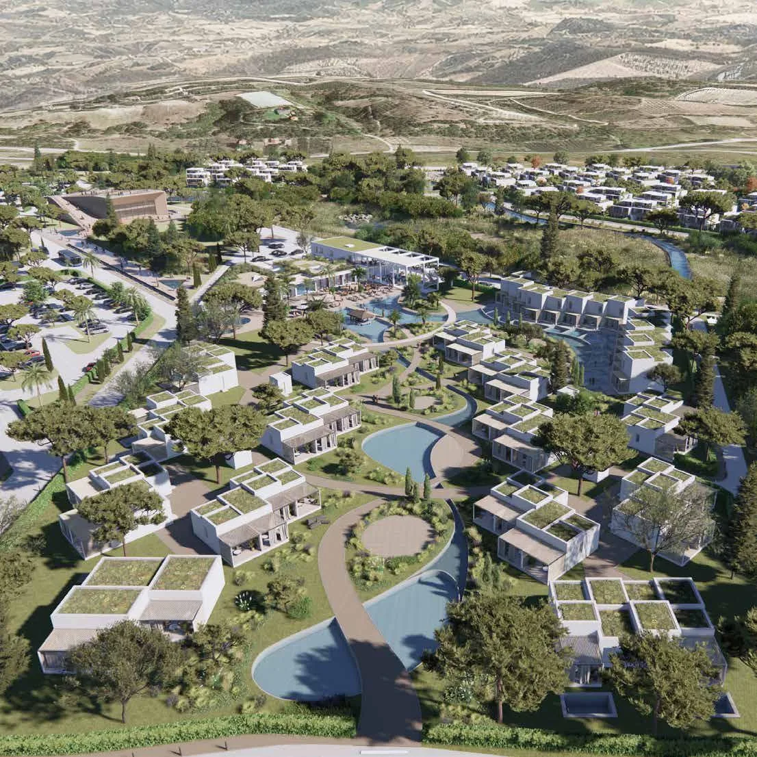 Aerial view of The Great resort, residences and lagoons